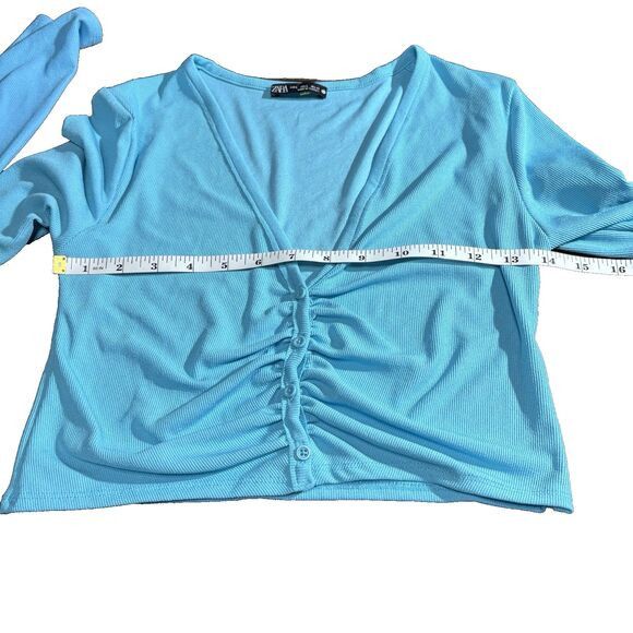 Zara Zara Women Crop Top Blue Ribbed Ruched Button Cardigan S Size S / US 4 / IT 40 - 3 Thumbnail