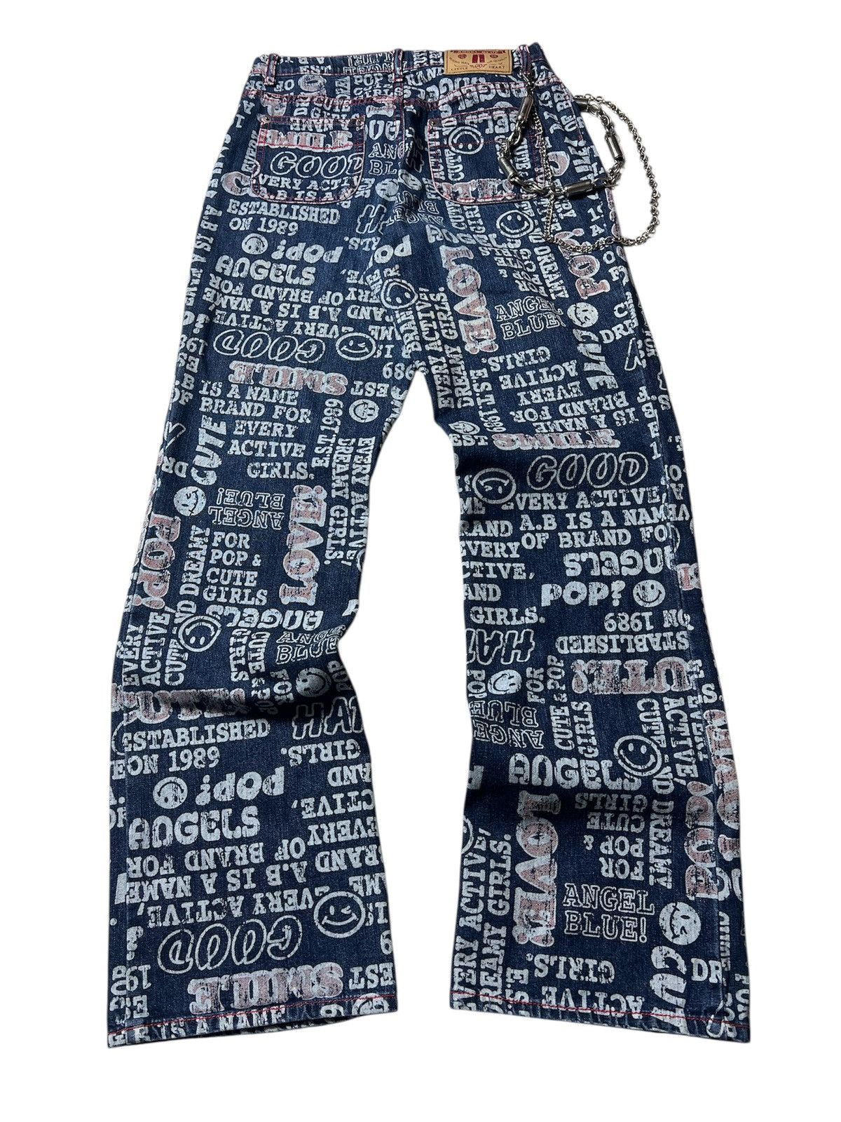Japanese Brand Angel Blue Pop Love Printed Button Flared Pants Size US 28 / EU 44 - 2 Thumbnail