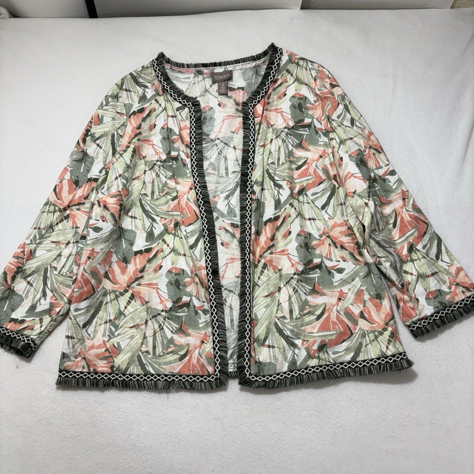 Chicos Chico's Large Open Front Fringe Cardigan Linen Blend Floral Size L / US 10 / IT 46 - 1 Thumbnail