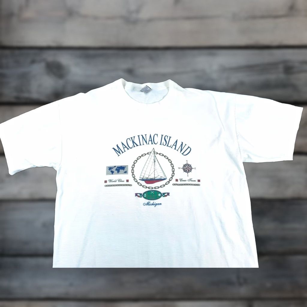 Vintage VINTAGE Cal Cru Mackinac Island Nautical Graphic T-Shirt Adult 2XL White Striped 90s Mens Size US XXL / EU 58 / 5 - 1 Thumbnail