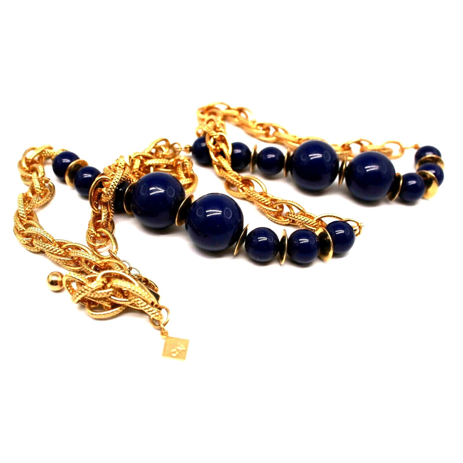 Other Dark Blue Beads Goldtone Chain Necklace Discs 35" •Marked CN Size ONE SIZE - 2 Thumbnail