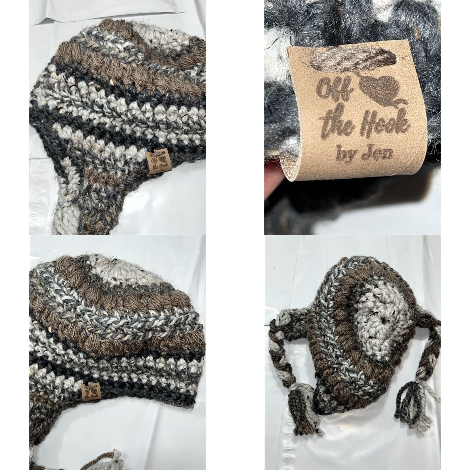 Off The Hook Off The Hook By Jen Womens Hat One Size Gray Tan White Chunky Knit Hand Made Winter Braided Hang Ties OS warm Size ONE SIZE - 8 Thumbnail