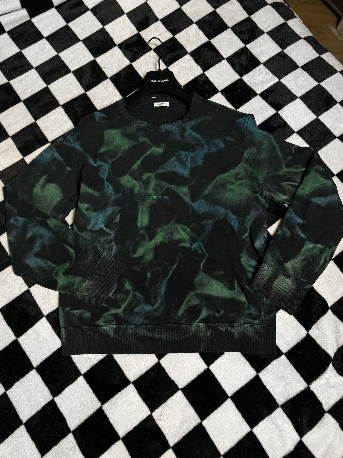 Saint Laurent Paris FW20 $736 GREEN BLUE LOGO SMOKE FOG SWEATER BLACK Size US XXL / EU 58 / 5 - 4 Thumbnail