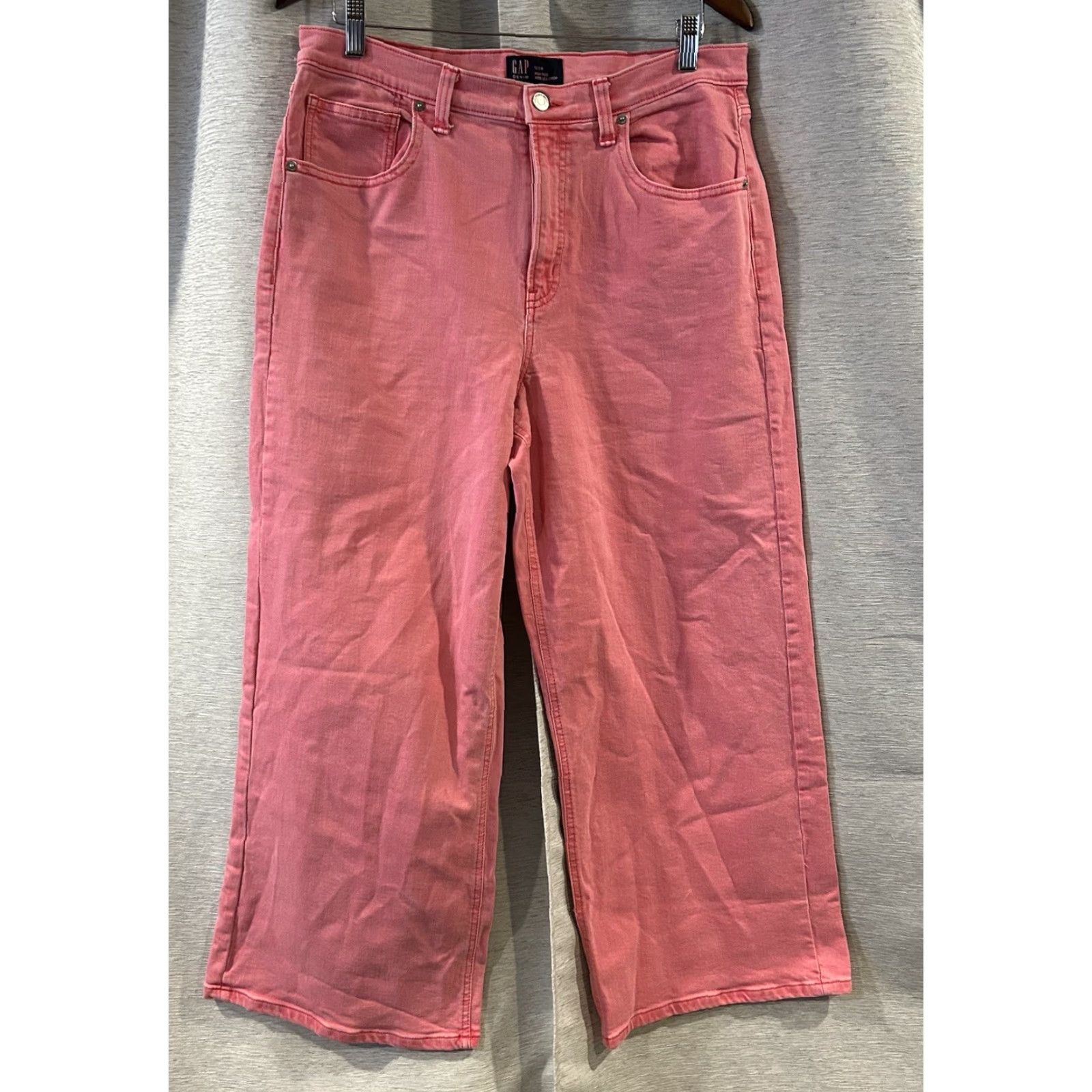 Gap GAP Womens Jeans Candy Coral High Rise Wide-Leg Crop 12 Regular 33x27 Denim Cotton Spandex Raw Hem Pink 12 Inseam 27" Size 34" / US 12 / IT 48 - 2 Thumbnail