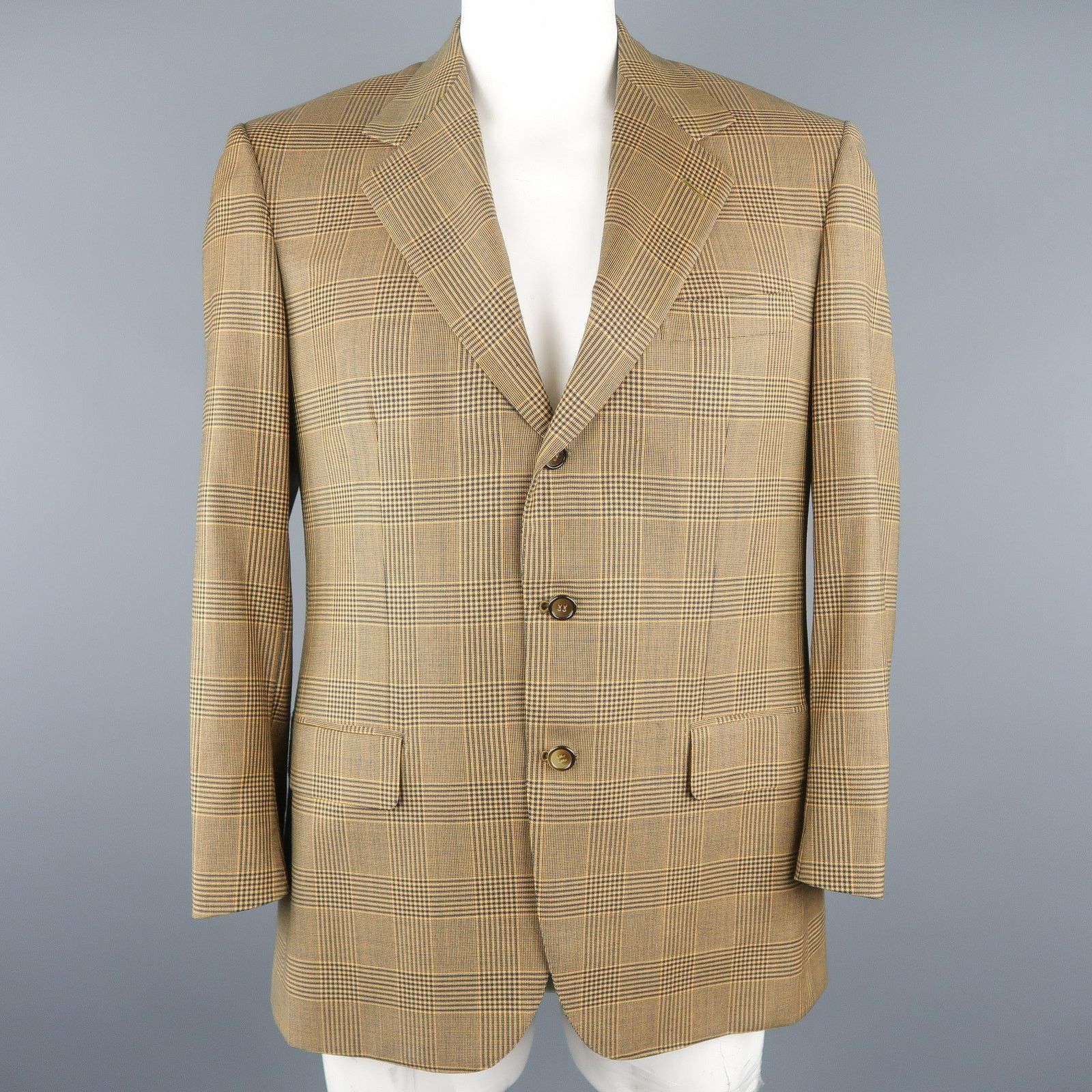 Brioni BRIONI 40 Regular Gold & Navy Plaid Wool Sport Coat Size 40R - 1 Thumbnail