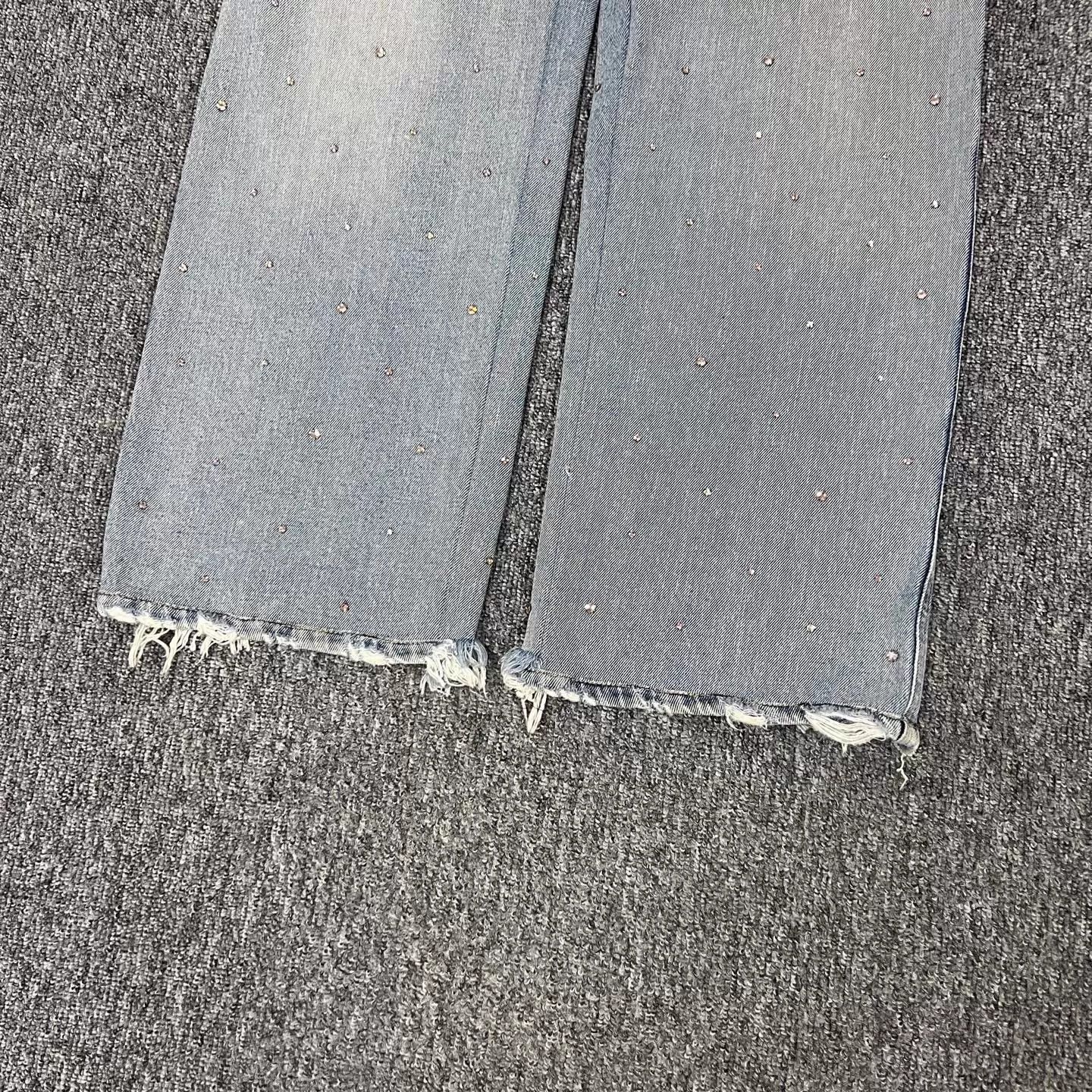 Miu Miu MIUMIU Lt.Blue Crystal Distressed Wide Leg Jean US25 99N Size 25" / US 0 / IT 36 - 5 Thumbnail