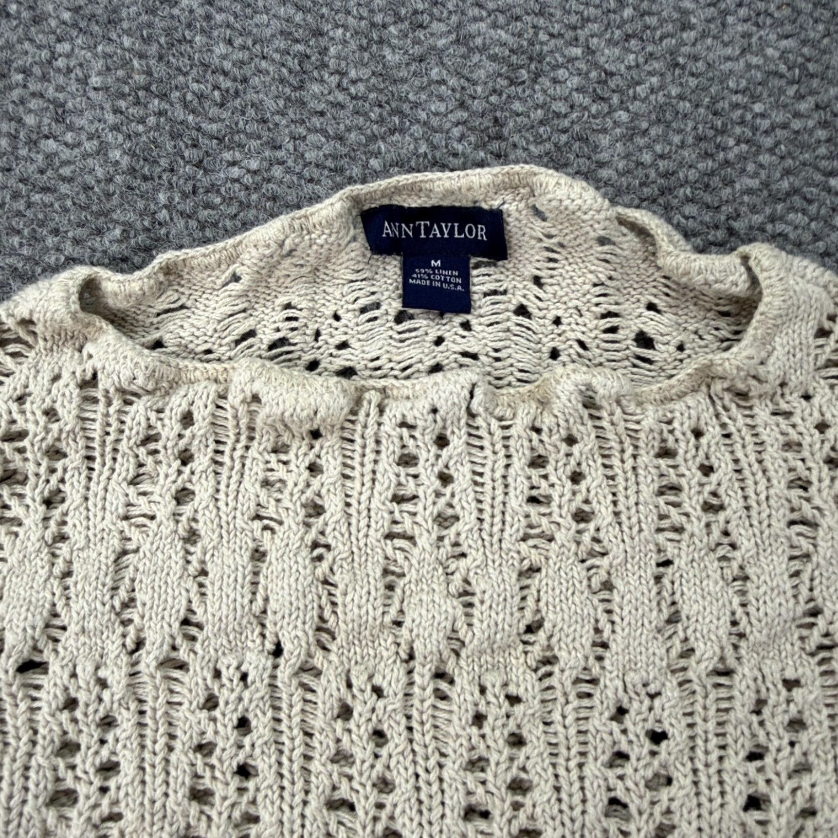 Ann Taylor Ann Taylor Sweater Womens Medium Beige Linen Cotton Open Knit Pullover Crew Neck Long Sleeve All Seasons Lightweight Made USA Size M / US 6-8 / IT 42-44 - 4 Thumbnail