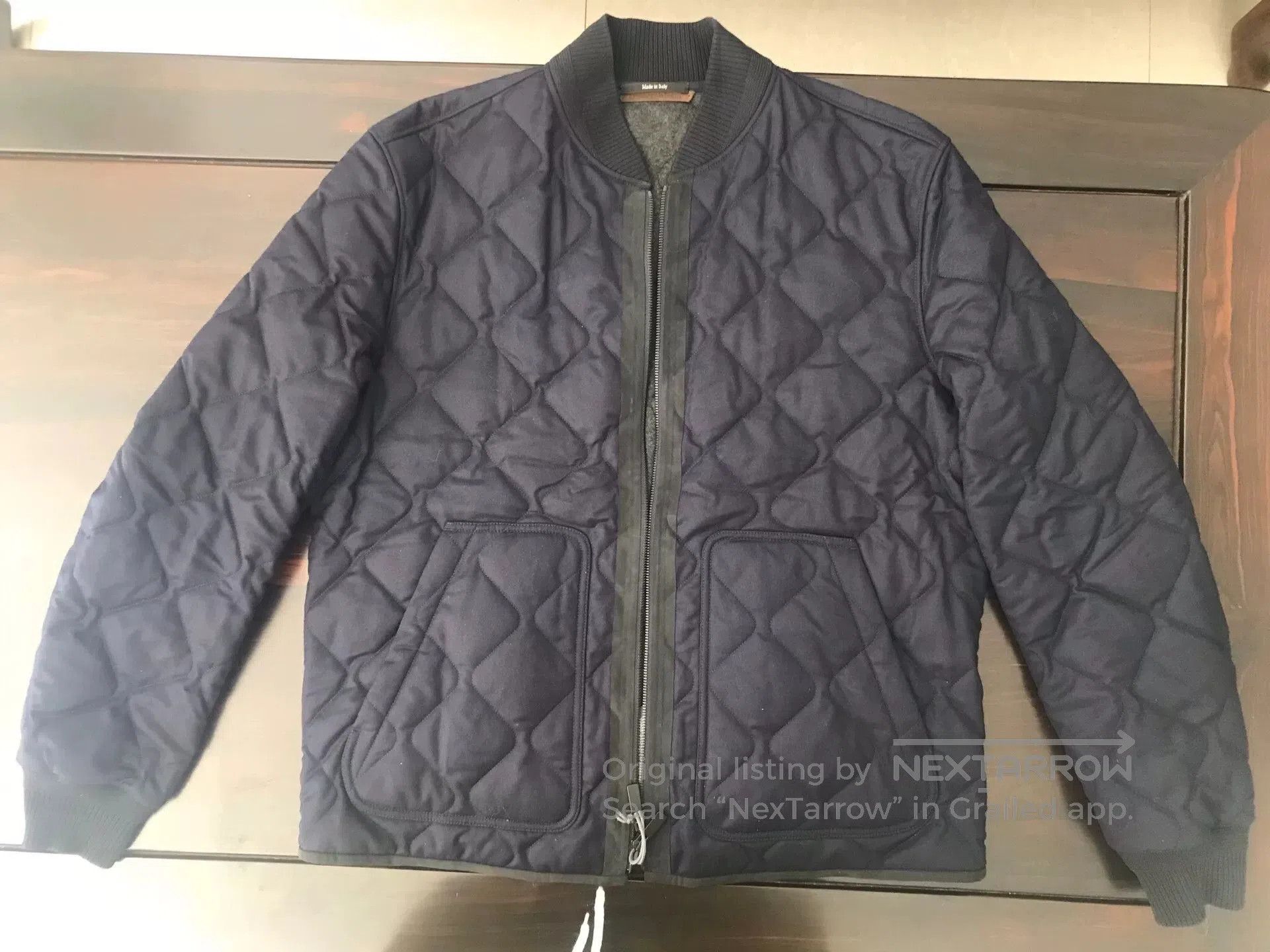 Ermenegildo Zegna navy quilted wool jacket with leather trim. Size US L / EU 52-54 / 3 - 1 Thumbnail
