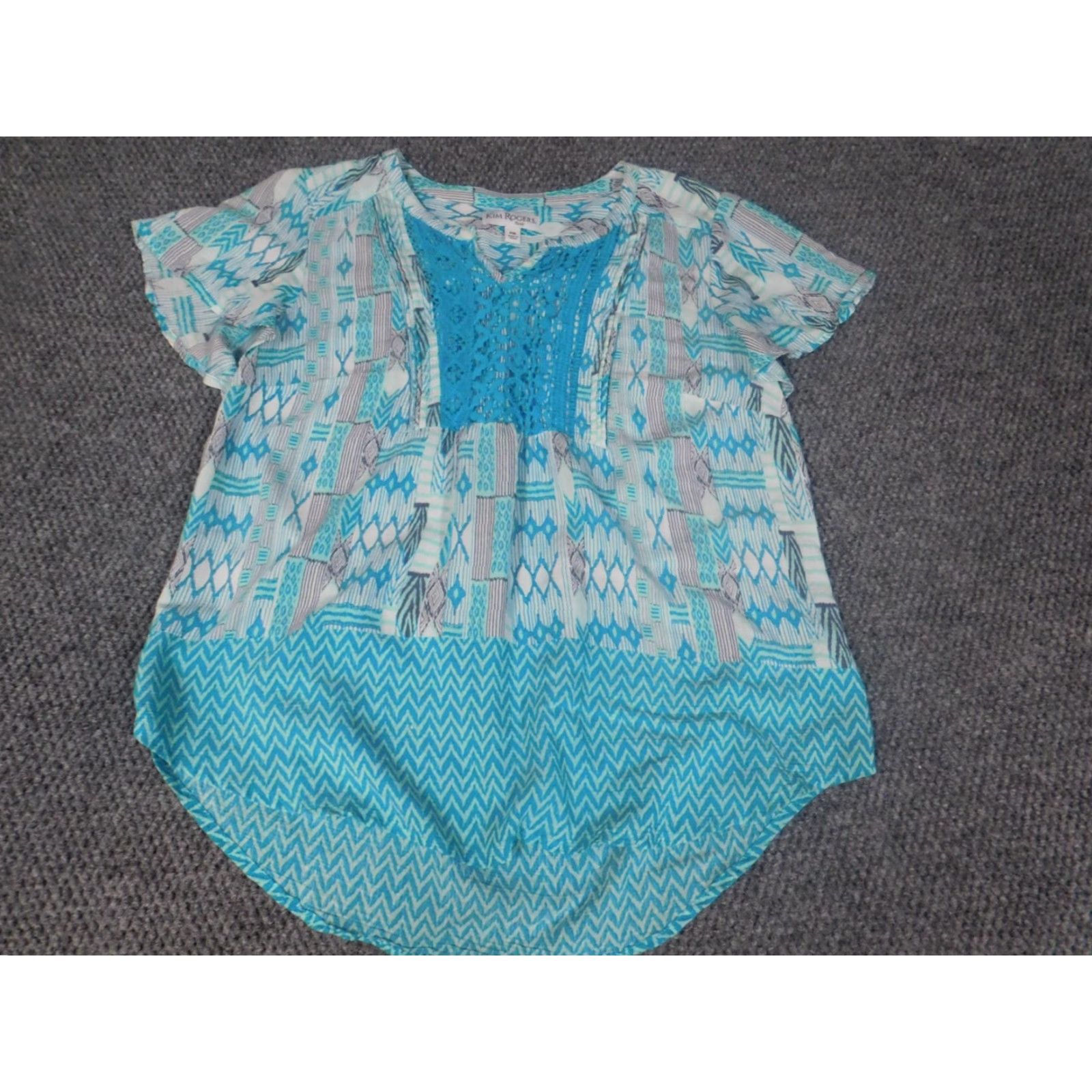 Vintage Kim Rogers Womens Blouse PM Petites Blue Cap Sleeve Crew Neck Pullover Floral Button Casual Size M / US 6-8 / IT 42-44 - 3 Thumbnail