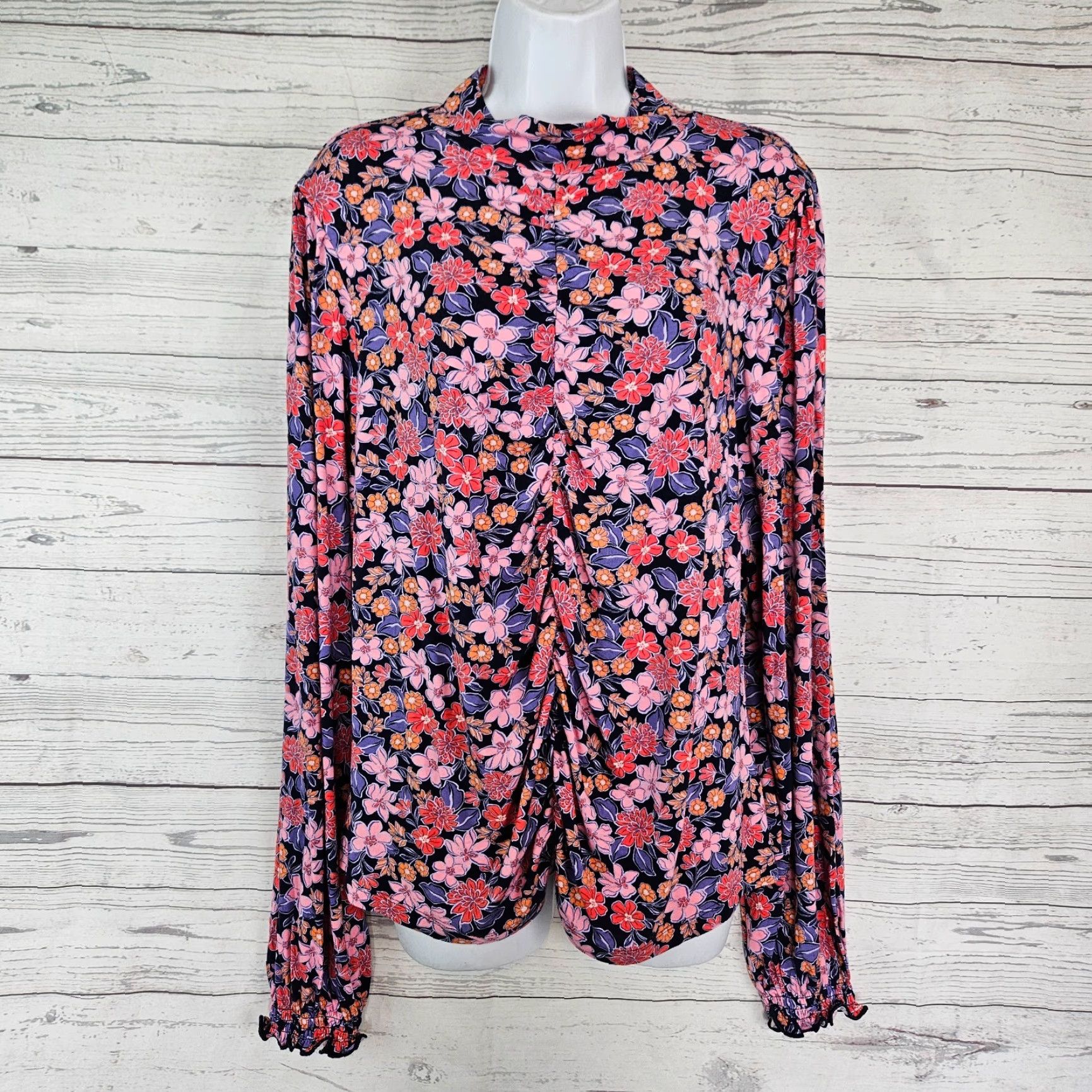 Vintage Draper James Womens Top 2XL Blouse Pink Long Sleeve Ruched Abstract Dahlia - 56 Size XXL / US 16-18 / IT 52-54 - 2 Thumbnail