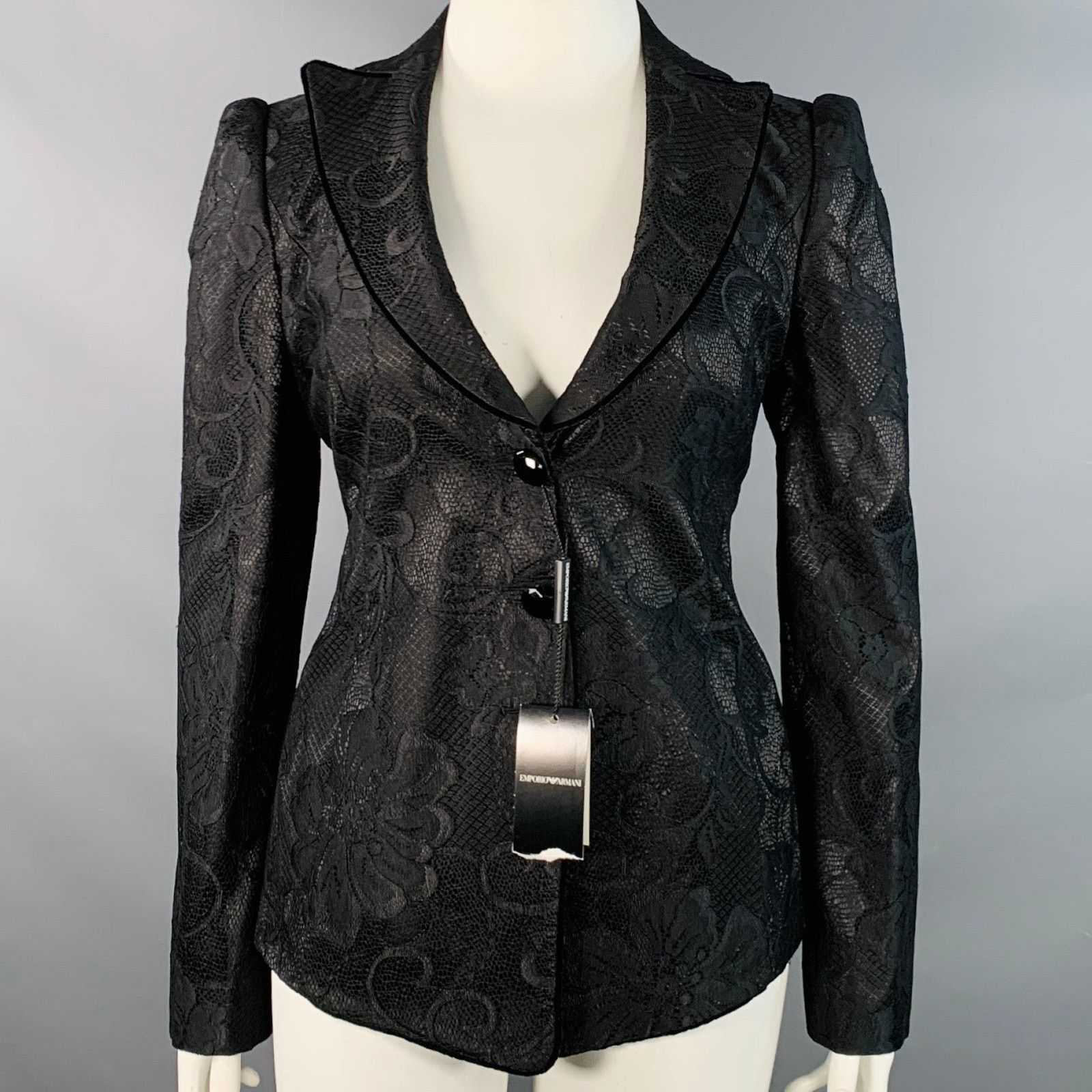 Emporio Armani Size 12 Black Polyester Blend Lace Peak Lapel Jacket Blazer Size XL / US 12-14 / IT 48-50 - 1 Thumbnail