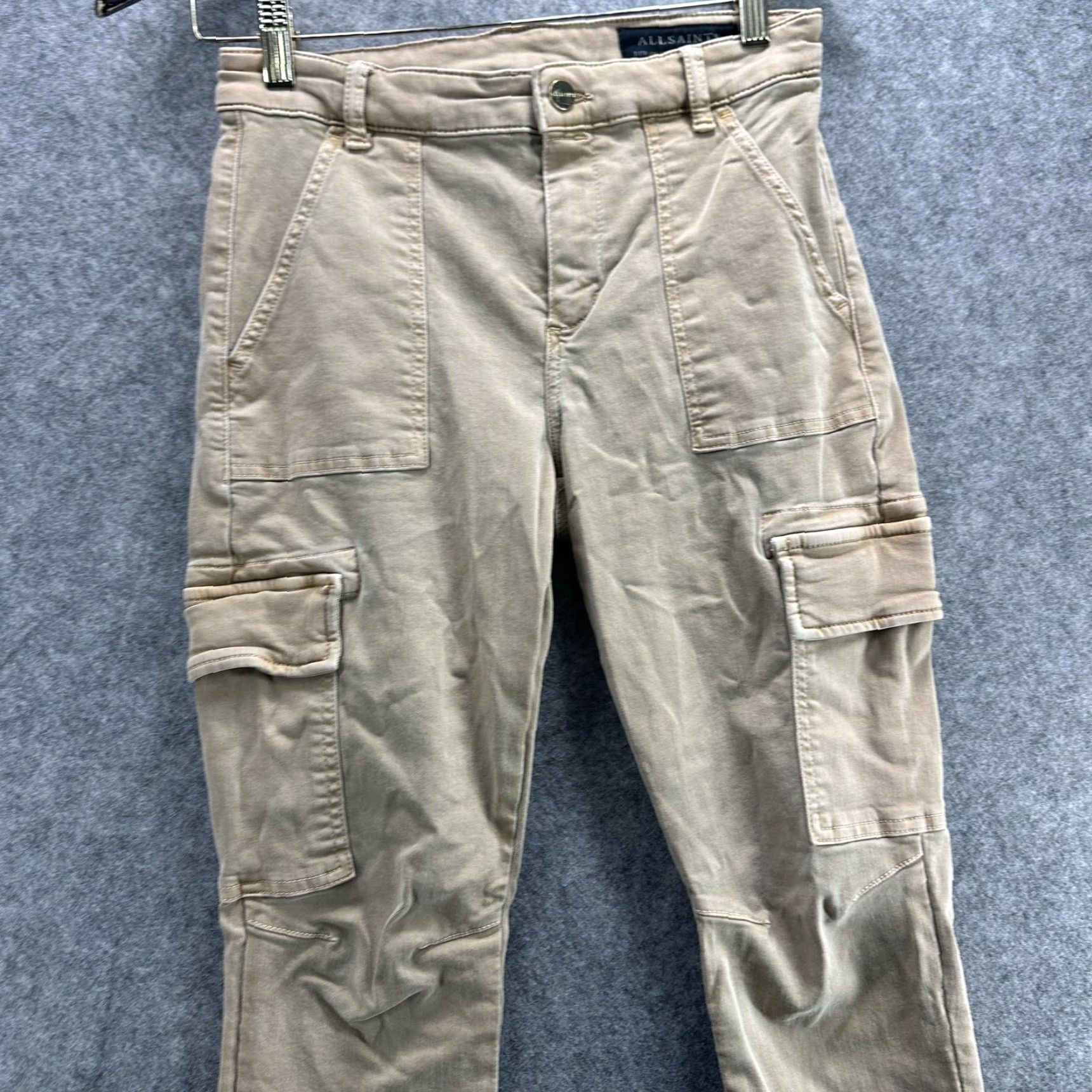 Allsaints AllSaints Duran Skinny Cargo Pants Womens 27 Beige Khaki Stretch Utility Pockets Zip Button Twill Cotton Polyester Spandex Casual Size 27" / US 4 / IT 40 - 3 Thumbnail
