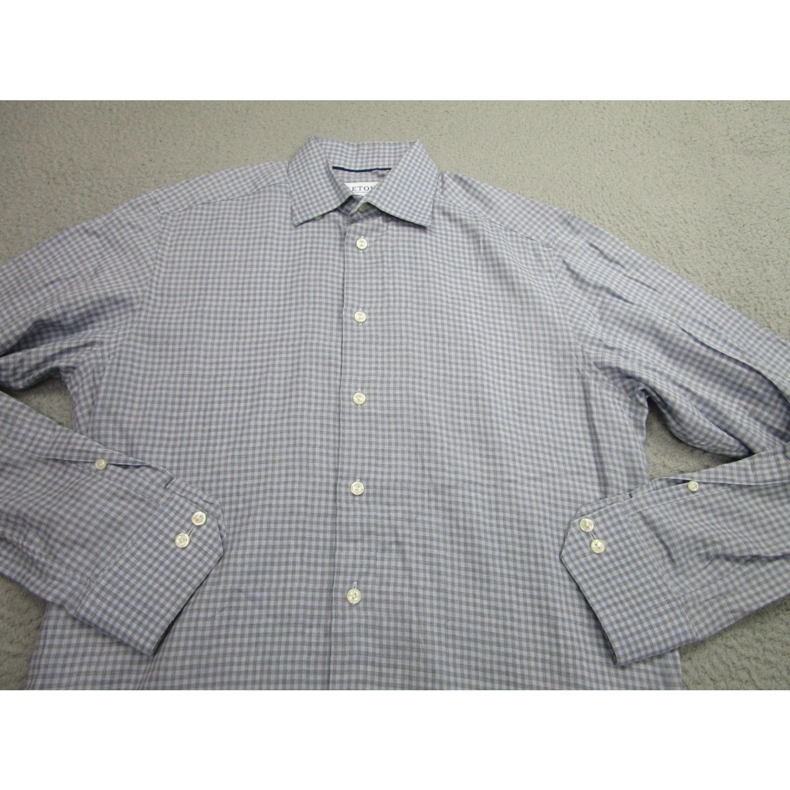 Eton ETON Dress Shirt Medium Gray Blue Check Cotton Contemporary Fit Long Sleeve Mens Size 40R - 2 Thumbnail