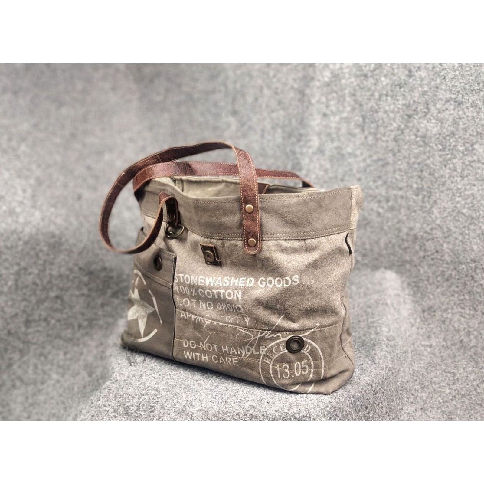 Vintage Myra India Design Vintage Leather & Canvas Tote Shoulder Bag Medium Beige Women Handbag 90s Army Art Brand Myra Mens Womens Girls Size ONE SIZE - 3 Thumbnail