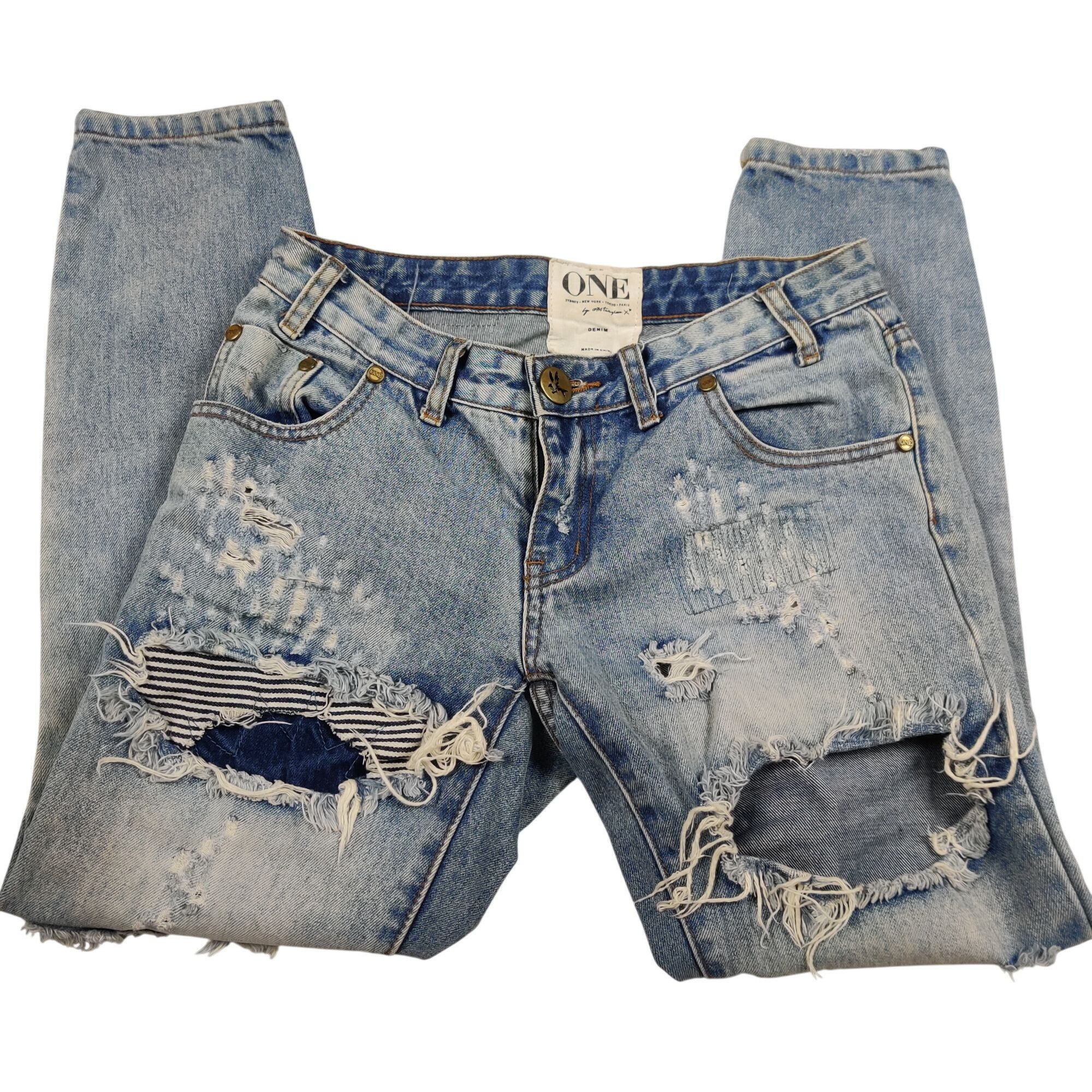 One Teaspoon One teaspoon Trashed Free Birds Jeans 24 Denim Low Rise Skin Size 42" / US 20 - 2 Thumbnail