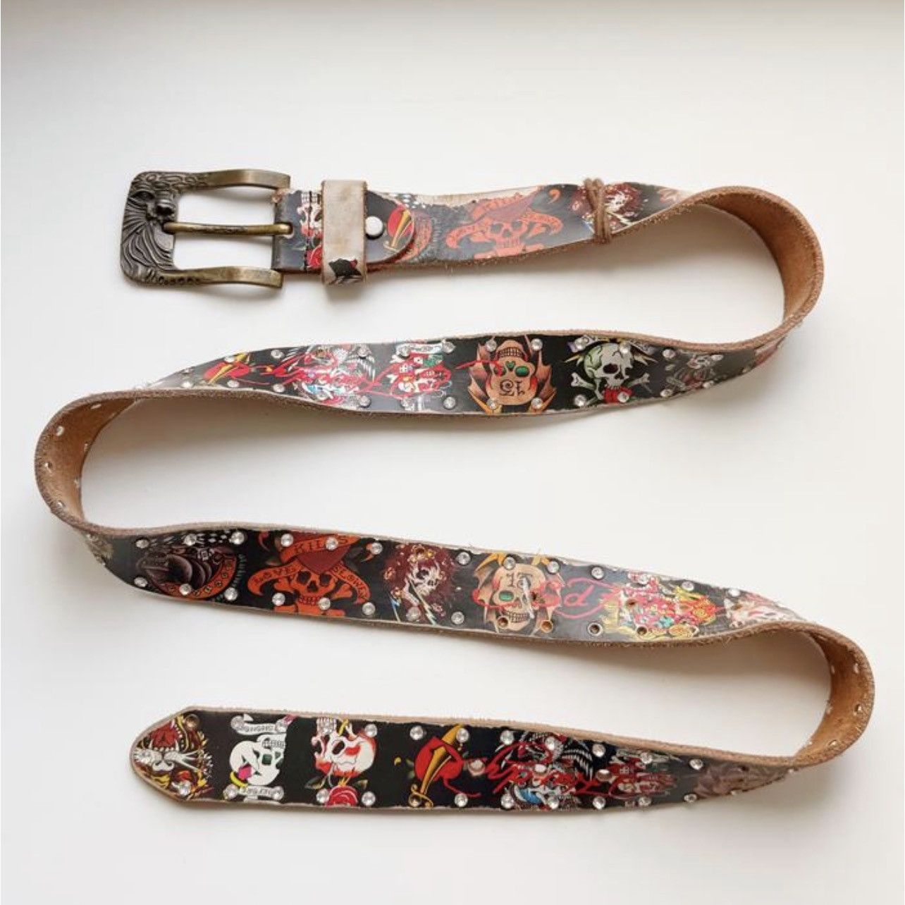 Ed Hardy Vintage Ed Hardy Leather Belt | Y2K Tattoo Art & Rhinestones Size ONE SIZE - 1 Thumbnail