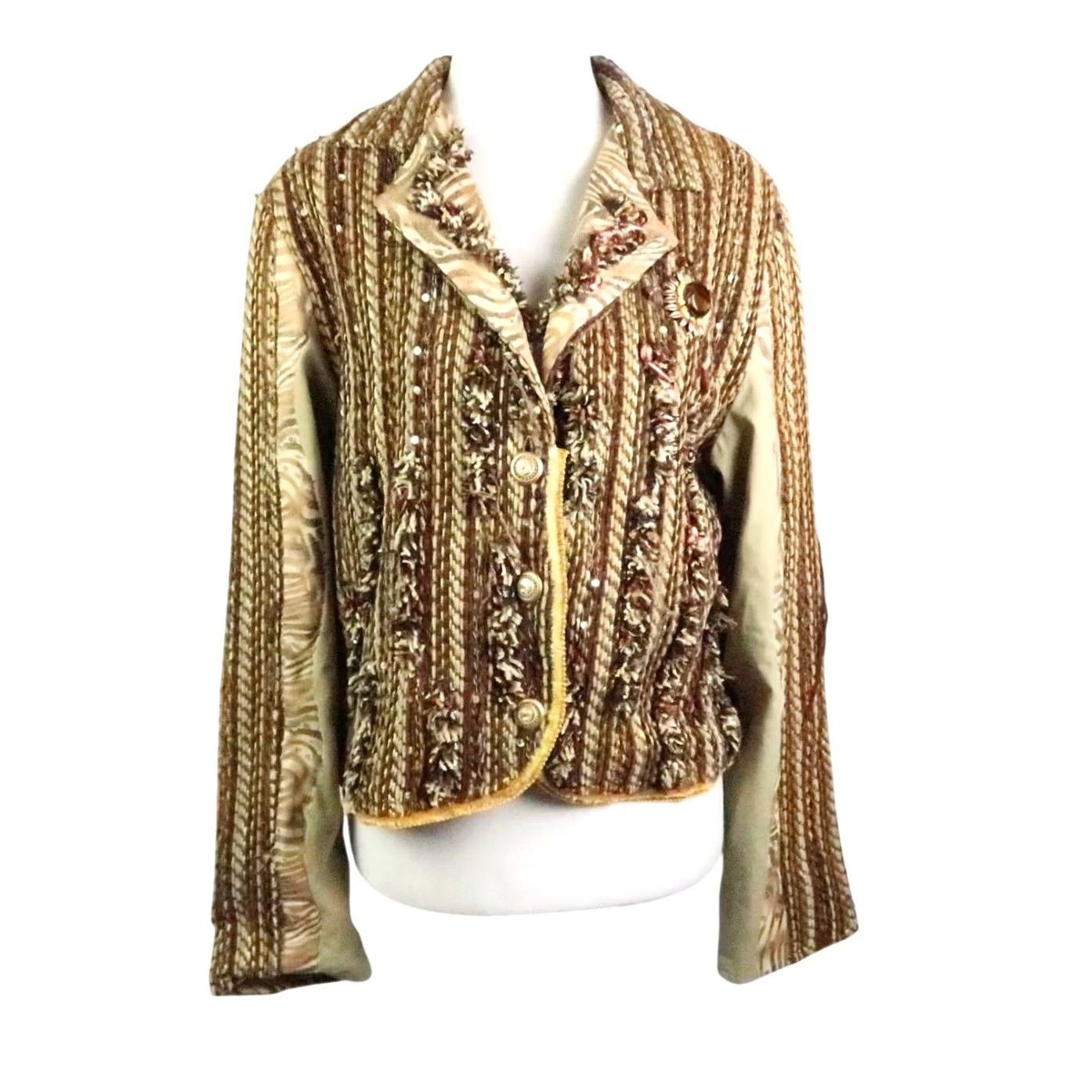 Vintage VINTAGE 90s Sandy Starkman Brown Texture Stripe Woven Jacket M Women Shirt/Coat? Size M / US 6-8 / IT 42-44 - 2 Thumbnail