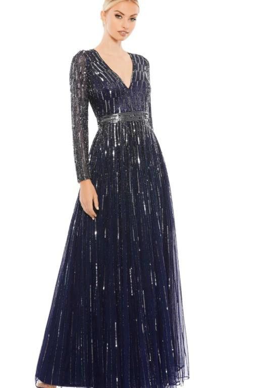 image of Designer (7) Sequined V Neck Illusion Sleeve A Line Gown in Blue, Women's (Size XL)