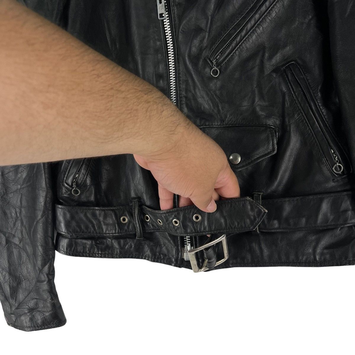 Schott 🔥VINTAGE BIKER LEATHER JACKET SCHOTT DOUBLE BREAST COLLAR Size US M / EU 48-50 / 2 - 8 Thumbnail
