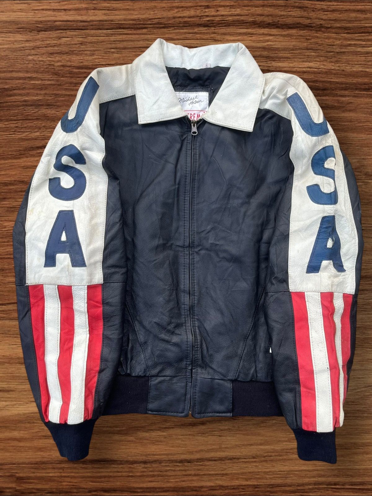 Michael Hoban × Vintage Vintage Michael Hoban Wheremi USA Big Flag Leather Jacket Size US L / EU 52-54 / 3 - 5 Thumbnail