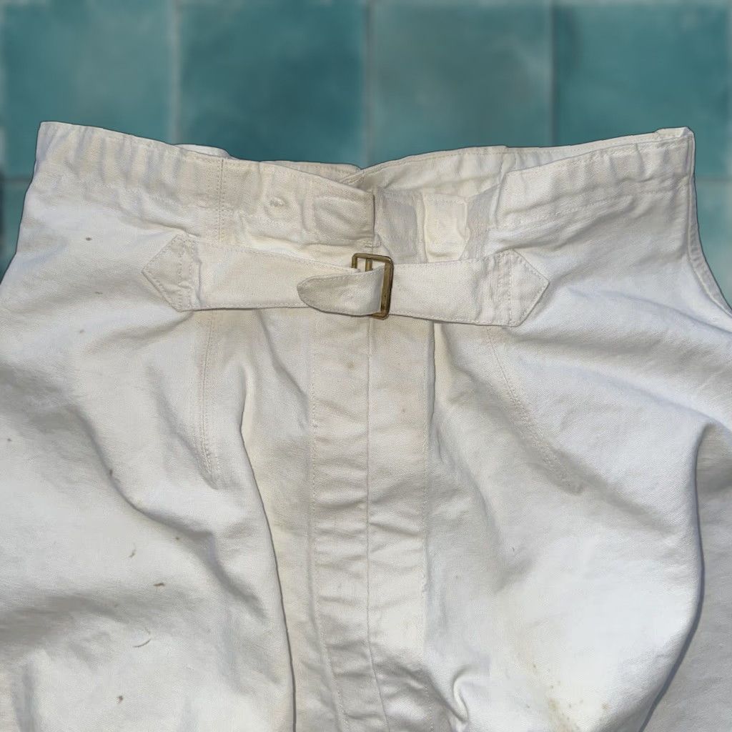 VINTAGE 1920s White Buckle Back Work Pants Cotton Navy USMA 28x31 Regular Mens 1920s Era Edwar dian Union Made Trusted Vintage Shop