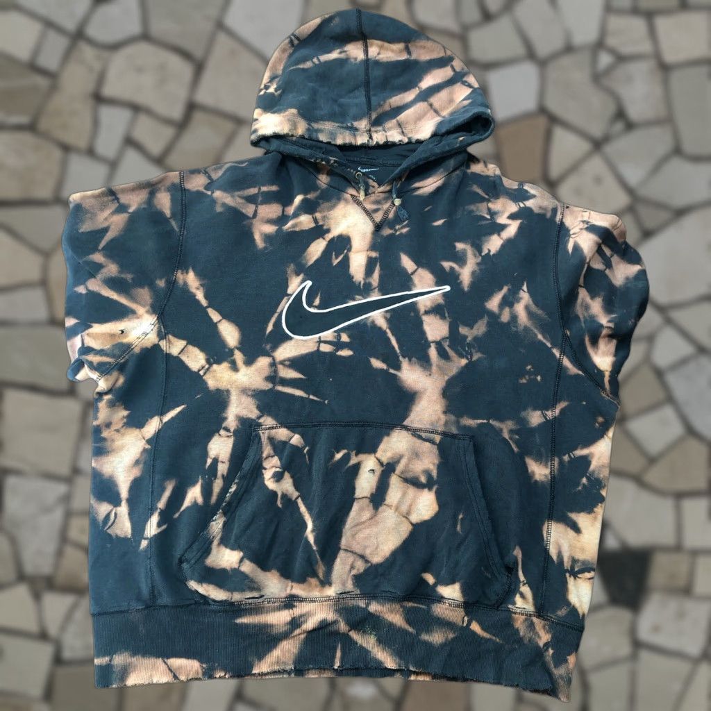 VINTAGE Nike Thrashed Hoodie Mens Tag XL Tie Dye Acid Wash Black Big Logo 1 Of 1