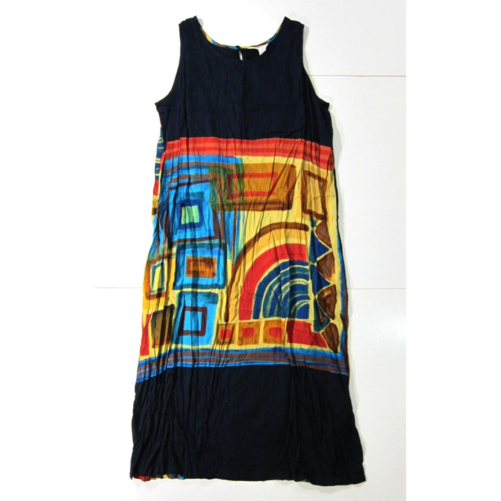 Vintage NWT Orient Pearl Indonesia Maxi Tank Dress 1X Blue Yellow Green Long 100% Rayon Women Sleeveless Size XL / US 12-14 / IT 48-50 - 2 Thumbnail