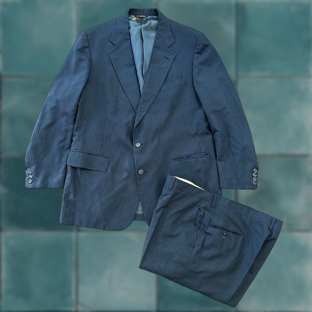 Vintage VINTAGE 1960s Navy Blue Wool Sport Jacket Mens Size 44 Rockabilly Pinstripe Pants 38x28 Size US 44 / EU 60 - 1 Thumbnail