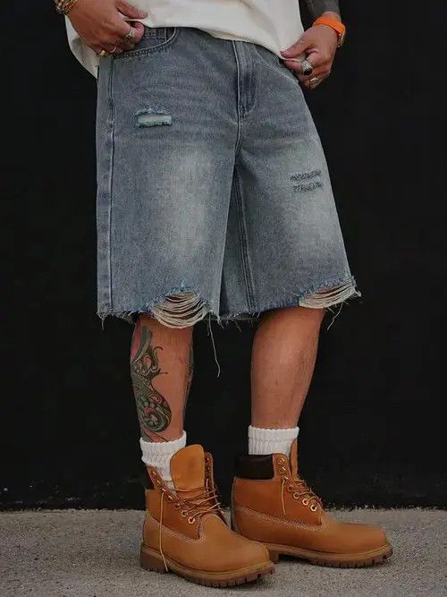 Other RIPPED washed denim jeans shorts jorts Size US 33 - 1 Thumbnail