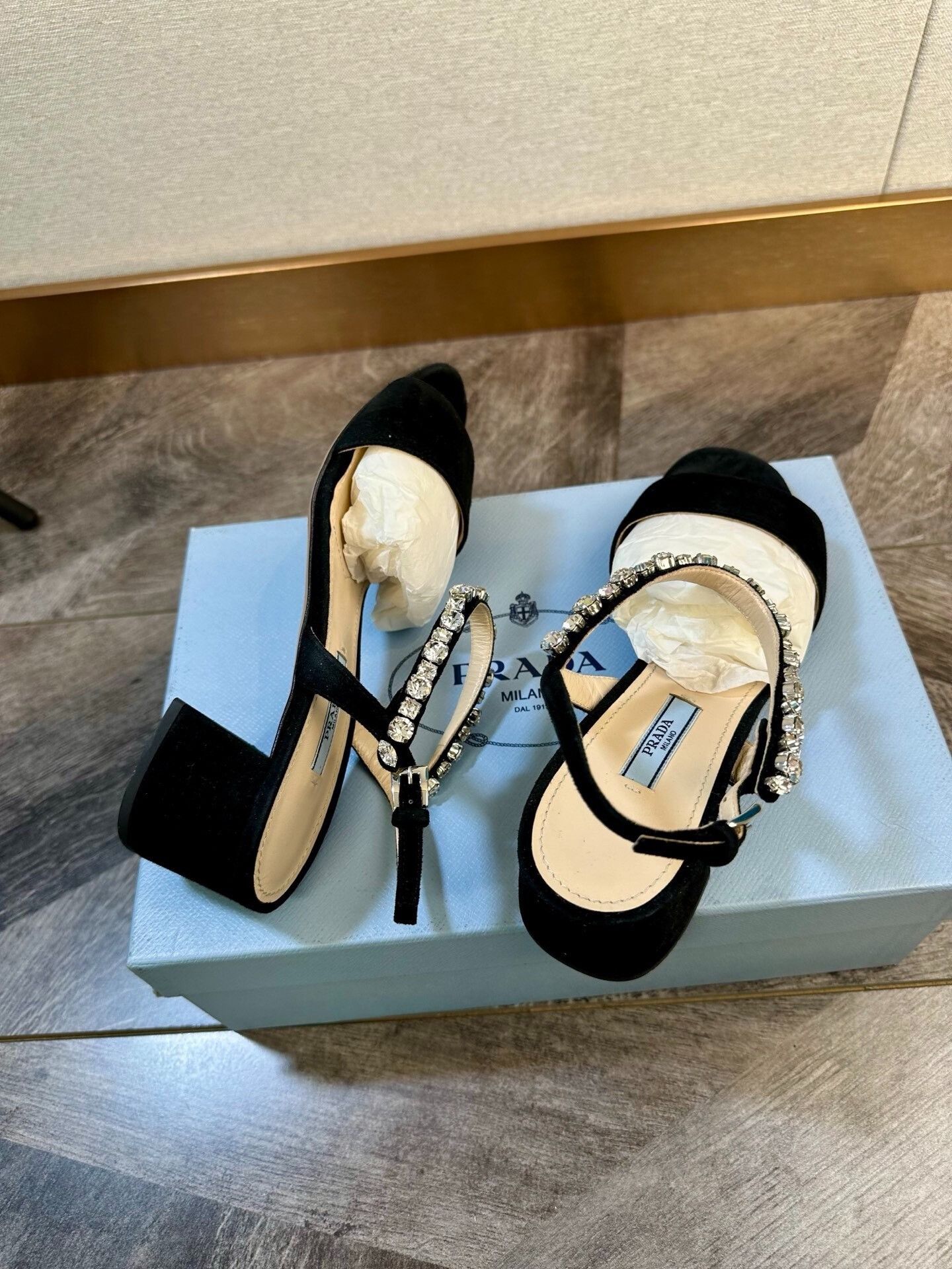 Prada Prada Black Suede Rhinestone Sandals Size US 6.5 / IT 36.5 - 1 Thumbnail