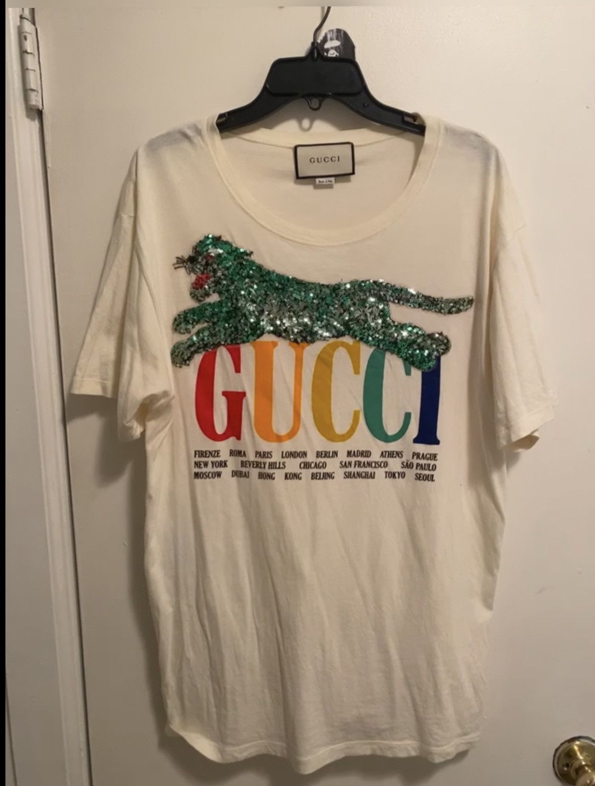 Gucci Cities Sequin Tiger Embellished Cream T-Shirt