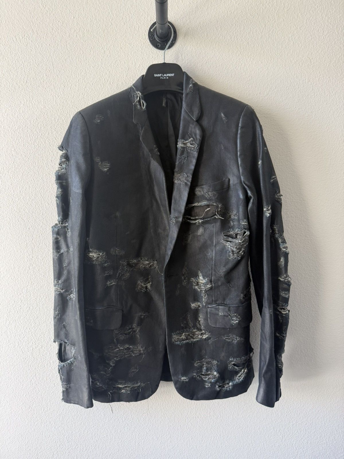 Dior Sample AW03 Luster “Strip” Waxed Distressed Denim Blazer 46 Size 46R - 1 Thumbnail