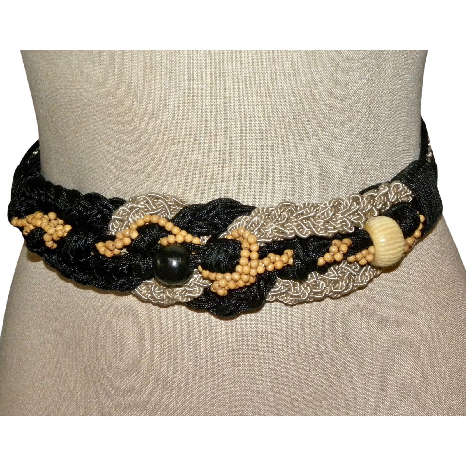 Vintage 80s Boho Cord & Wood Bead Belt | Art to Wear Gypsy Black Tan Size ONE SIZE - 10 Thumbnail