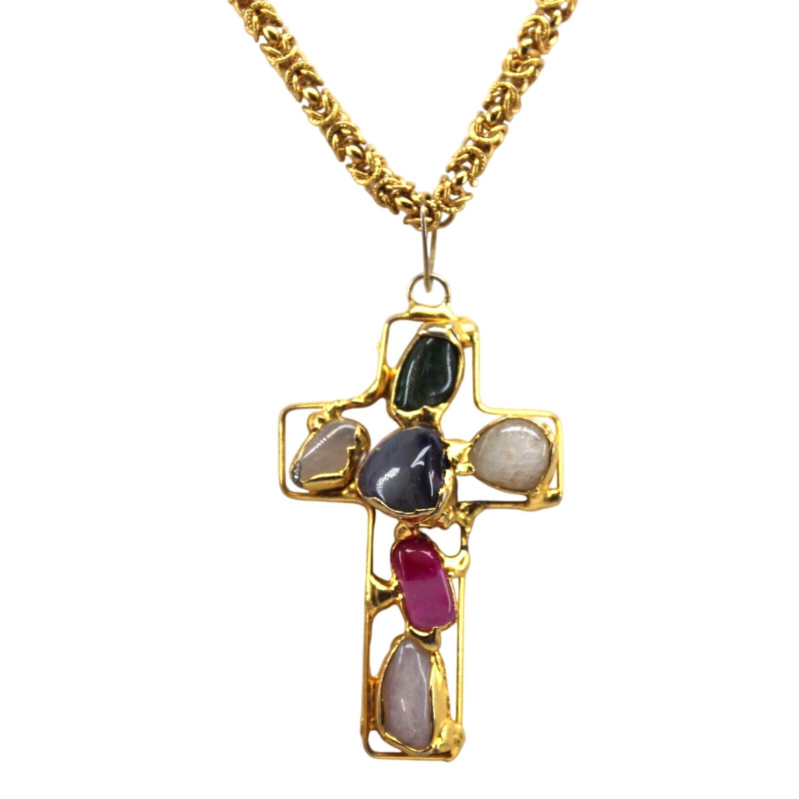 Other 3" Goldtone Christian Cross Pendent • 6 Genuine Gemstones Size ONE SIZE - 2 Thumbnail