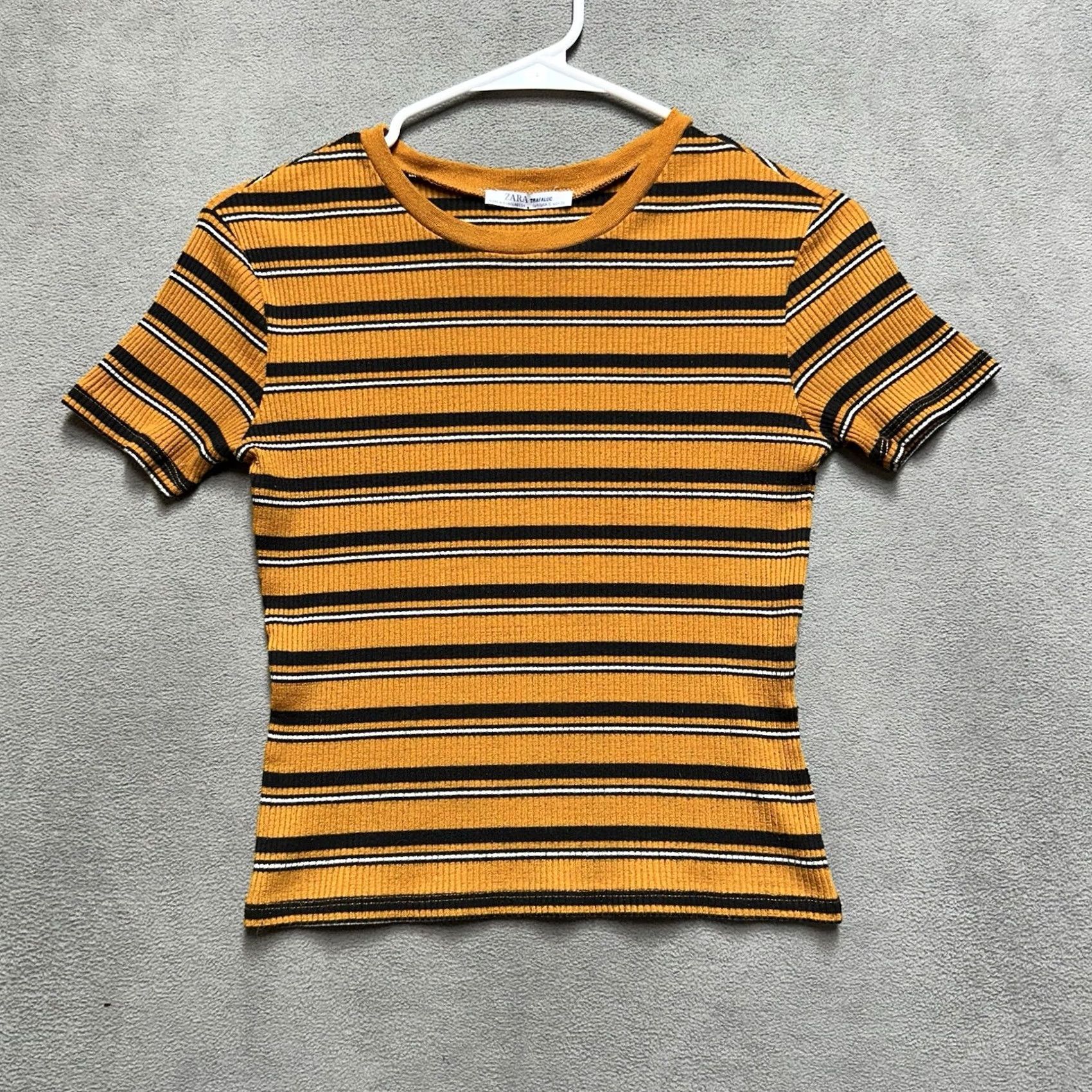Zara Zara T-Shirt Womens Small Yellow Striped Cropped Knit Casual Short Sleeve Crew Neck Size S / US 4 / IT 40 - 2 Thumbnail
