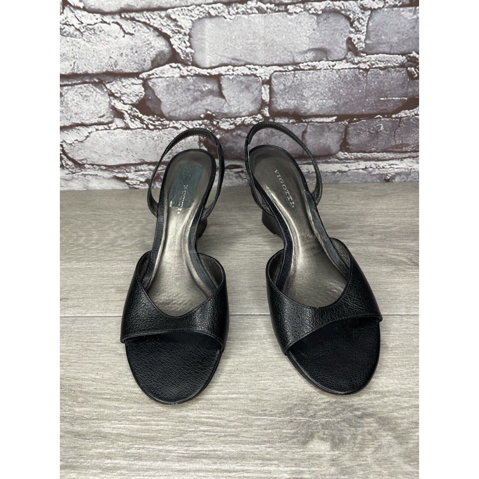 Other Vigotti Black Leather Open Toe Slingback High Wedge Sandals Size US 7 / IT 37 - 18 Thumbnail