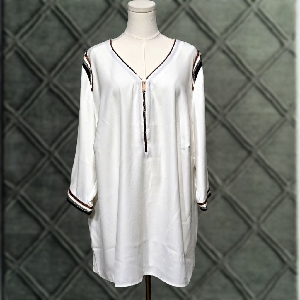 Vintage Ambria Blouse Tunic White Brown Zipper Accent 3/4 Sleeve Womens Plus 22 V-Neck Lightweight Easy Care Wrinkle Resistant Relaxed Size 3XL / US 20-22 - 1 Thumbnail