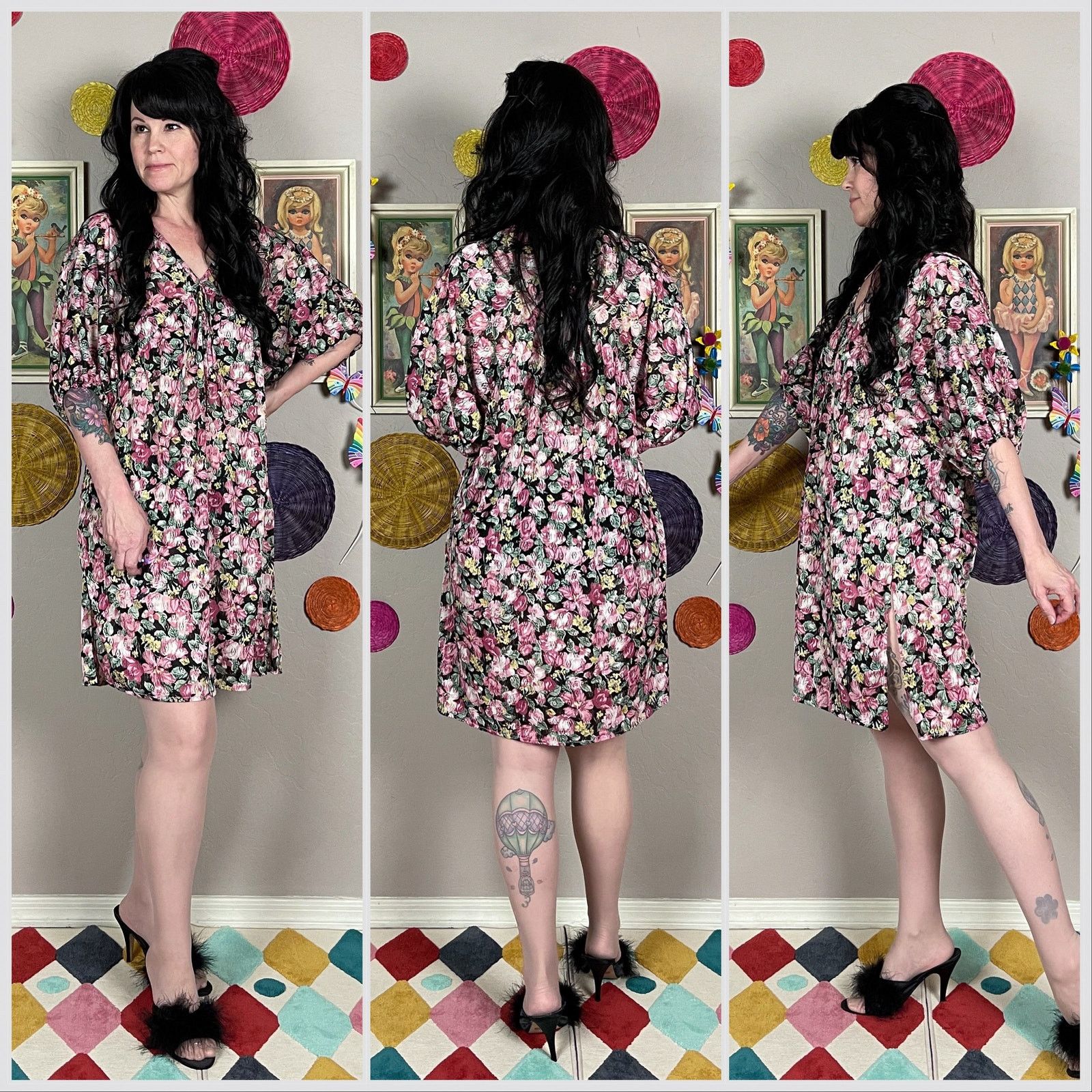 Vintage Vintage 1970s Black Floral Short Sleeve Night Dress Size ONE SIZE - 2 Thumbnail
