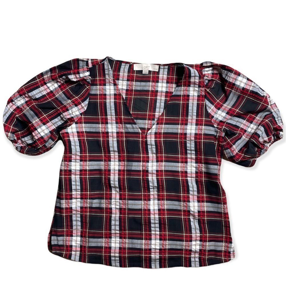 Loft LOFT Petite XSP Plaid Bubble-Sleeve Blouse – Red Black White Size XS / US 0-2 / IT 36-38 - 4 Thumbnail