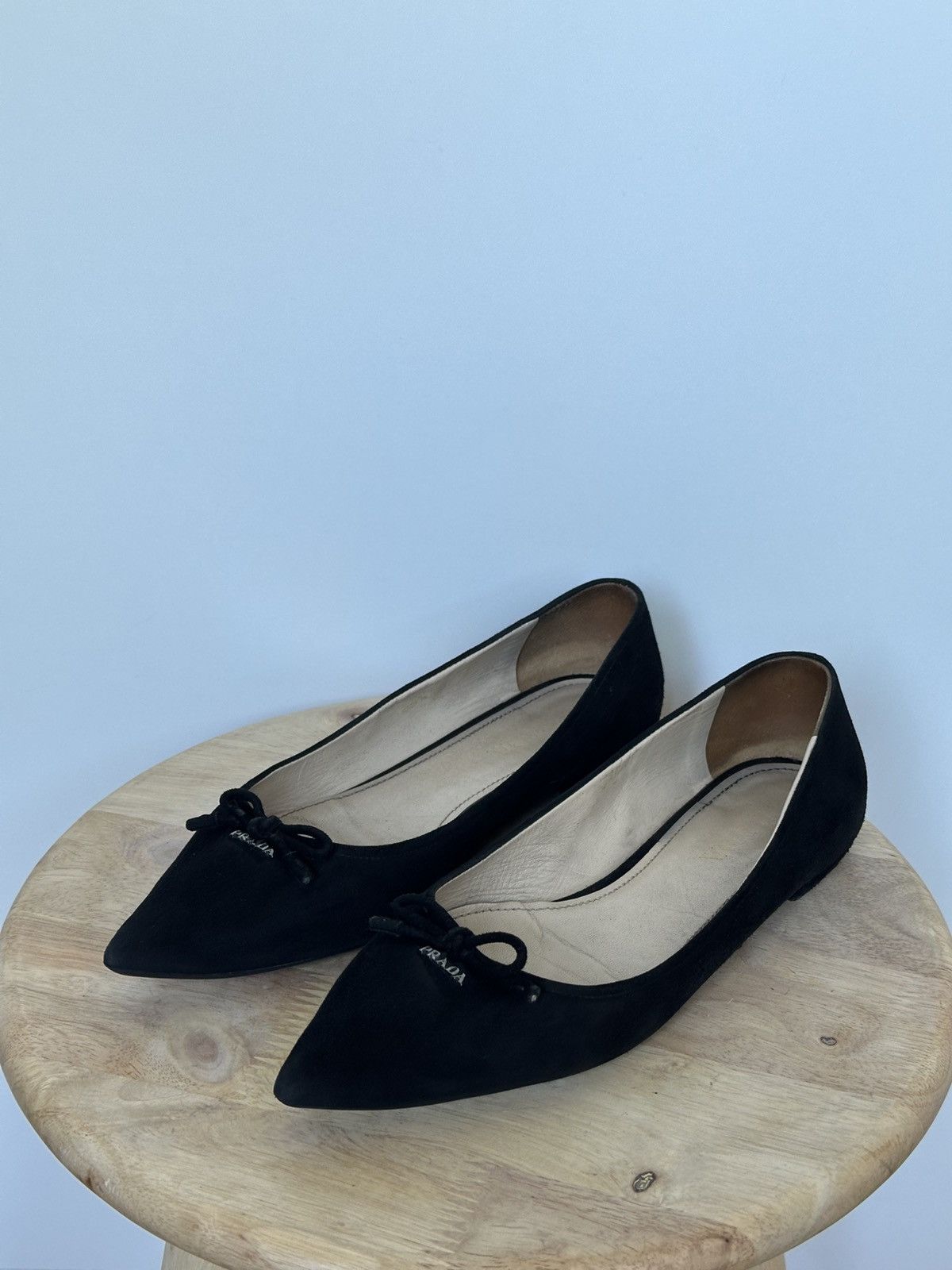 Prada Prada Black Suede Pointed Toe Ballet Flats With Metal Logo Size US 6 / IT 36 - 1 Thumbnail