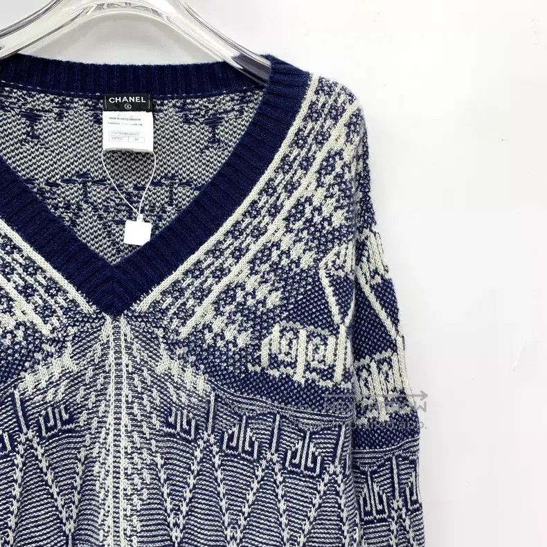 Chanel Chanel Blue geometric pattern inlaid cashmere V-neck long- Size XXS / US 00 / IT 34 - 3 Thumbnail