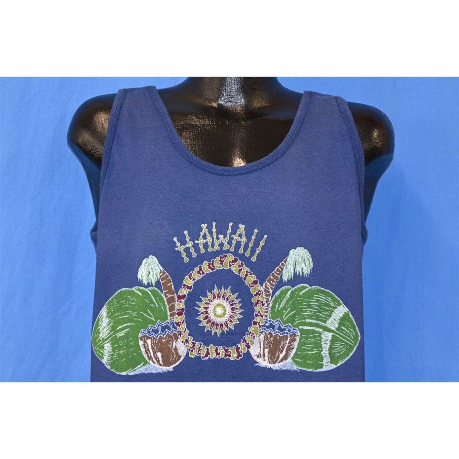 image of Vintage 70's Hawaii Palm Tree Coconut Lei Tourist 2 Sided Tank Blue T-Shirt L in White (Size Large)