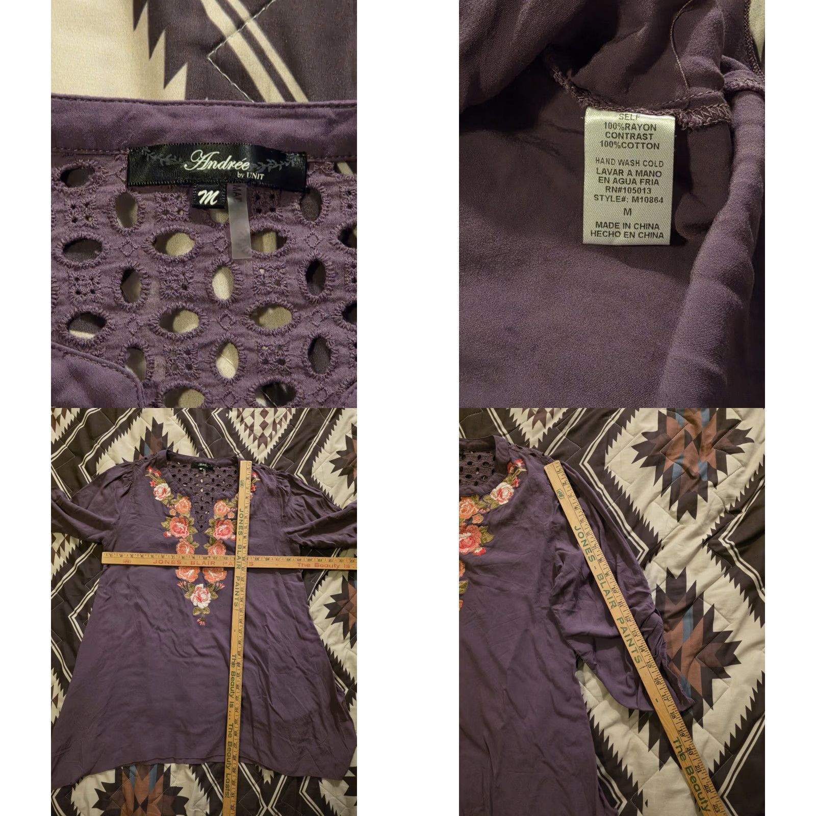 Vintage Andree By UNIT Embroidered Boho Tunic Blouse Floral Hippie Purple Womens Medium Size M / US 6-8 / IT 42-44 - 8 Thumbnail