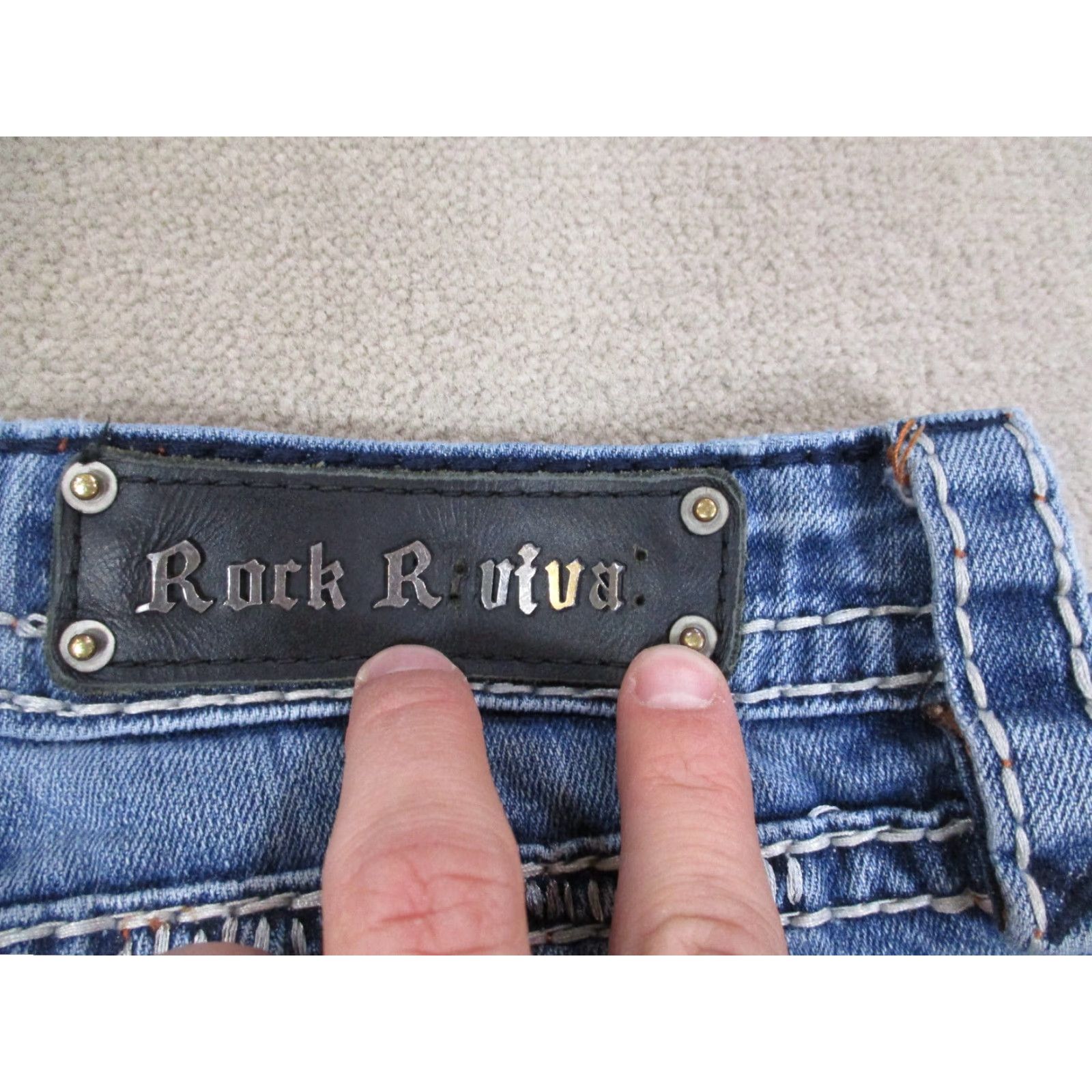 Vintage Rock Revival Jeans Womens 29 Blue Bootcut Medium Wash Rhinestones Logo Pockets Regular Denim Cotton Vintage No Size 29" - 3 Thumbnail