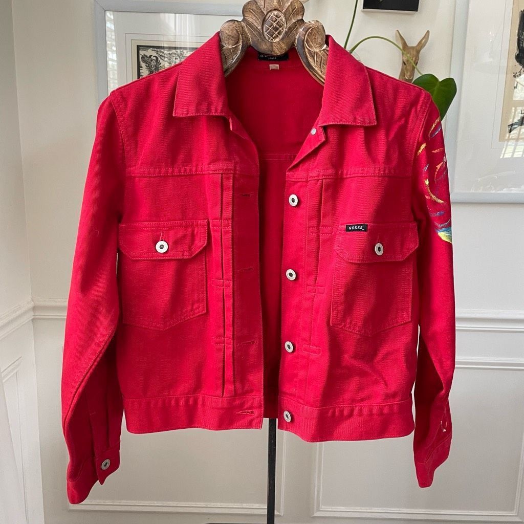 Guess Vintage 80s Guess Red Denim Jacket Upcycled Floral Cotton M Grailed