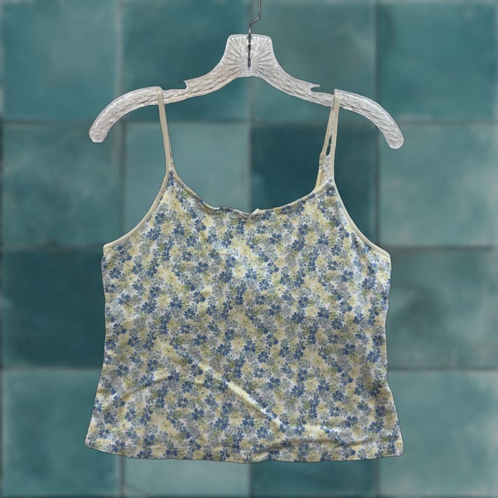 VINTAGE Y2K Camisole Tank Top Blue Medium Ditsy Floral Coquette Fairy Cottage Shirt Womens M