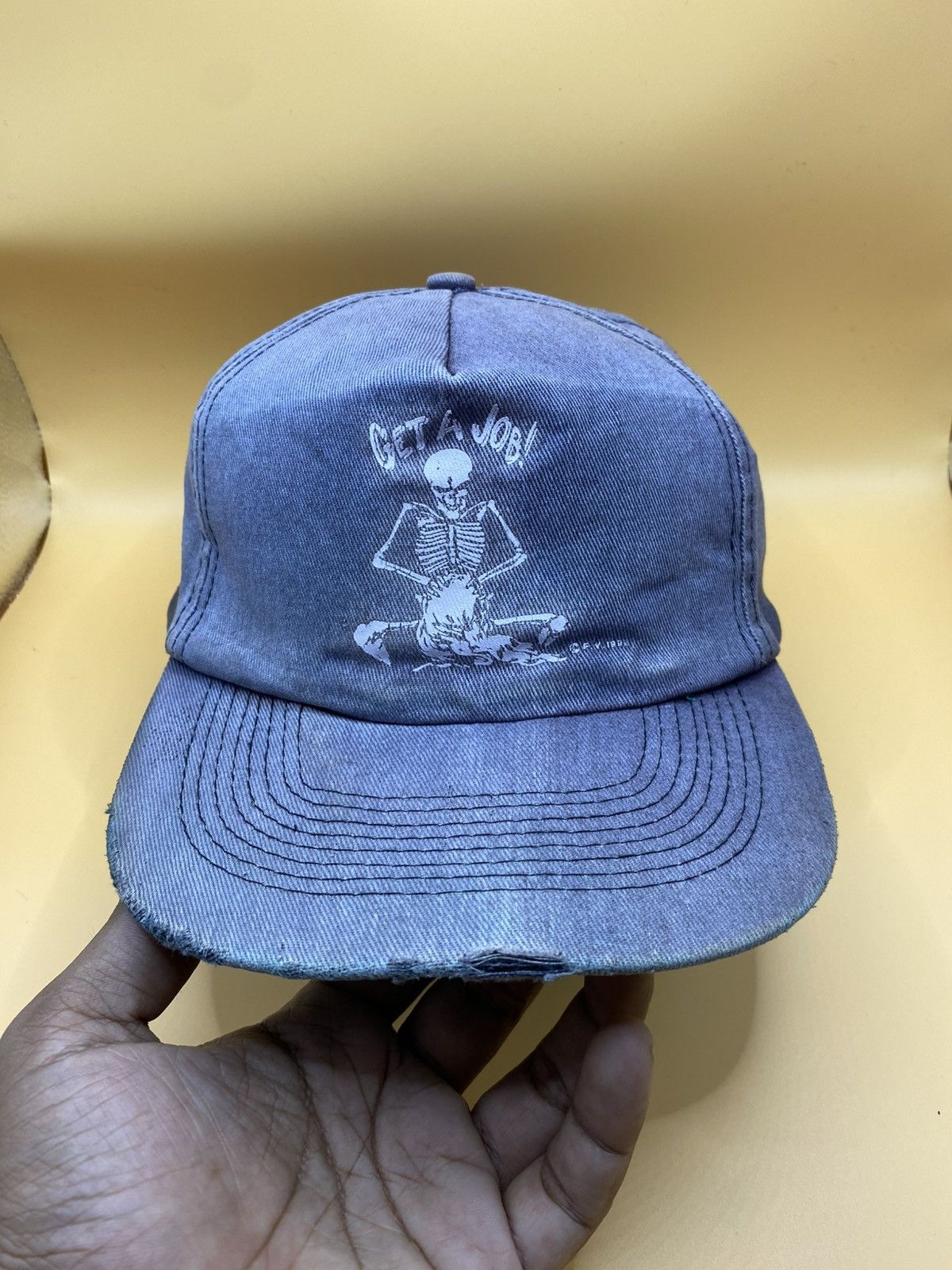 Fashion Victim 1990s FASHION VICTIM “GET A JOB” SKULL DISTRESSED FADED CAP Size ONE SIZE - 2 Thumbnail