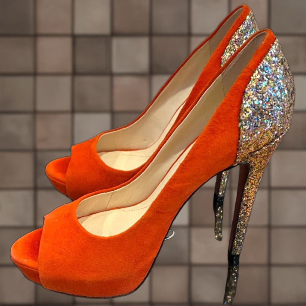 Vintage VINTAGE Boutique 9 Orange Suede Glitter Peep Toe Stiletto Heels Women 7.5 M Party Formal Wedding Size US 7.5 / IT 37.5 - 1 Thumbnail