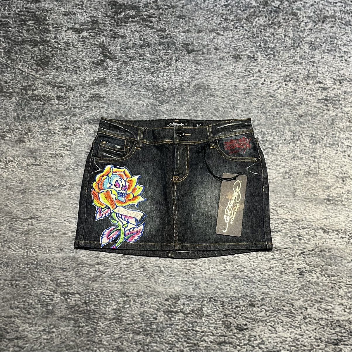 Ed Hardy Vintage Y2K Ed Hardy Cyber Grunge Goth Denim Mini Skirt NEW Size 29" - 1 Thumbnail