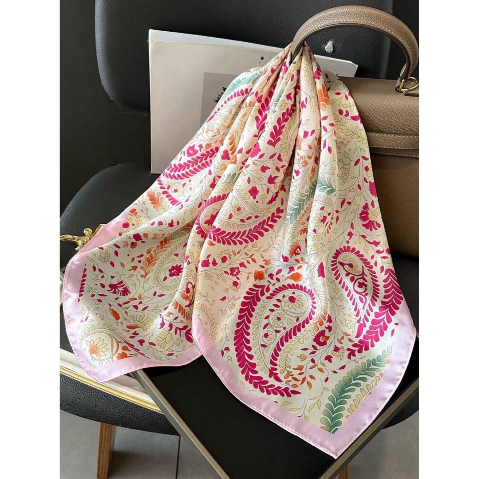 Other Bandana Elegant Square Classic Pink and Beige Wrap Stylish N Size ONE SIZE - 5 Thumbnail